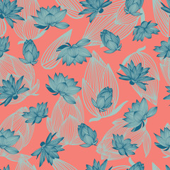 Pink and Blue Lotus Flower Vector Seamless Pattern