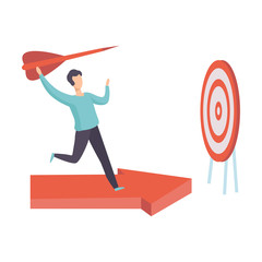 Wall Mural - Businessman Running Along Red Arrow Graph to Achieve Target, Man with Red Dart, Achievement of Goal Vector Illustration