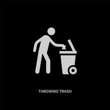 White Throwing Trash Vector Icon On Black Background. Modern Flat Throwing Trash From Behavior Concept Vector Sign Symbol Can Be Use For Web, Mobile And Logo.
