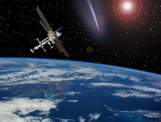 Wall Mural - Space station above the earth. Meteors, comets in space. The elements of this image furnished by NASA.
