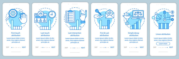 Wall Mural - attribution modeling types blue onboarding mobile app page screen vector template. diagrams, charts 