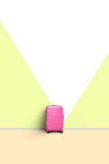 Pink suitcase standing next to the yellow geometric wall. Travel concept