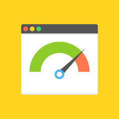 Website speed loading time. Web browser with speedometer test showing fast good page loading speed time. Vector illustration.