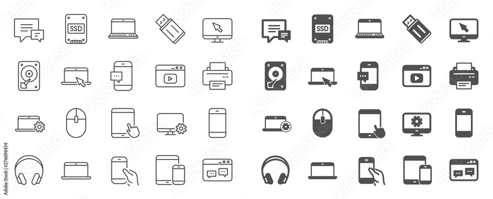 Mobile device line icons. Laptop, Tablet PC and Smartphone icons. HDD, SSD and Flash drive. Headphones, Printer and tablet device. Mouse, ssd disk, mobile laptop. Memory hdd drive. Quality sign set - obrazy, fototapety, plakaty 