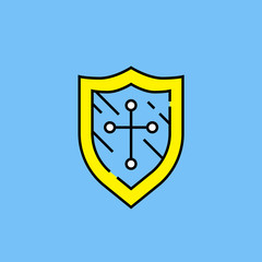 Wall Mural - shield cross line icon. simple protection badge symbol. linear security sign isolated on blue backgr