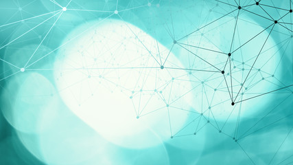 Wall Mural - triangles lines connect the dots, mint green bokeh background, new tech algorithm