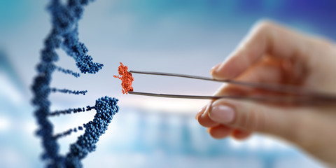 dna molecules design with female hand holding pincers. mixed media