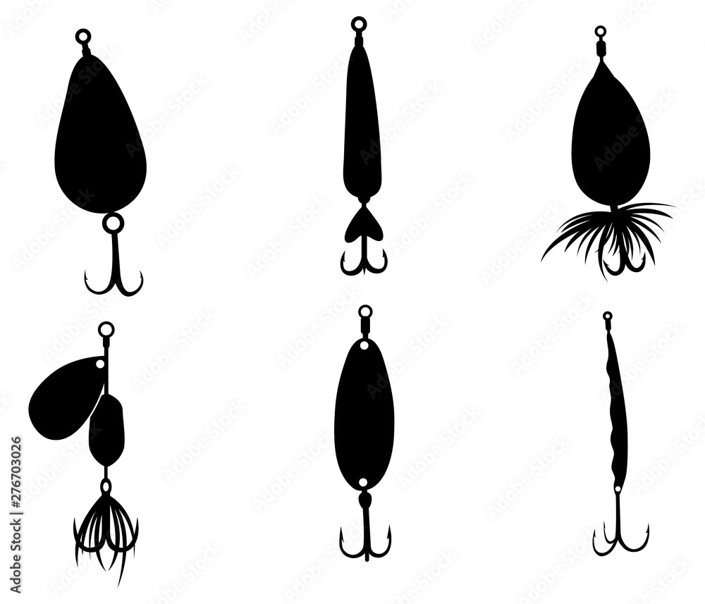 bass lure silhouette Fishing lures, hooks and equipment silhouettes isolated on white  background. Stock Vector