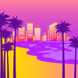 Syntwave illustration with the beach, palm trees and the city on the horizon