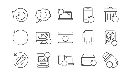 Recovery line icons. Backup, Restore data and recover file. Laptop renew, drive repair and phone recovery icons. Linear set. Vector