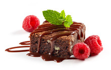Piece Of Chocolate Cake Brownie With Raspberries