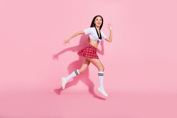 Poster - Profile side full length body size view of her she nice-looking attractive lovely graceful slender slim cheerful cheery glad straight-haired lady running fast isolated over pink pastel background