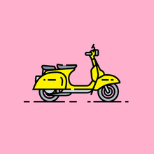 Classic Scooter Line Icon. Retro Style Girls Urban Transport Graphic. Ladies Yellow Vintage Scooter Isolated On Pink Background. Vector Illustration.