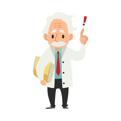 Old male scientist stands with folder and hand finger raised up cartoon style