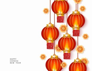 Wall Mural - Chinese New year or holiday banner with red lanterns vector illustration.