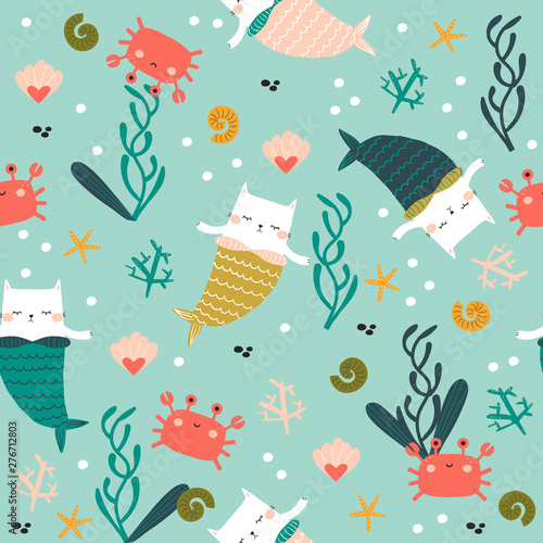 Cotton fabric Seamless pattern with cat mermaid under water. Cute kids textile print. Vector hand drawn illustration.