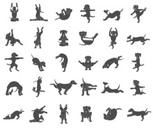 Yoga Dogs Poses And Exercises Doing Clipart. Monochrome Silhouette. Funny Cartoon Poster Design