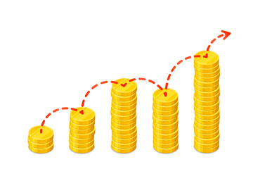 Graph out of columns of gold coins with dashed red arrow. Isometric vector illustration