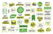Organic Food, Eco, Vegan And Natural Product Icons And Elements Set For Food Market, Ecommerce, Organic Products Packaging, Healthy Life Promotion, Restaurant Hand Drawn Vector Design Elements. 