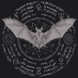 Vector illustration with a bat with open wings. Witchcraft magic, occult attributes, alchemy symbols. Night creature with fangs. Flying vampire on the background of a star and magical inscriptions