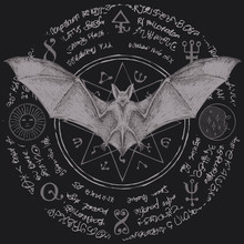 Vector Illustration With A Bat With Open Wings. Witchcraft Magic, Occult Attributes, Alchemy Symbols. Night Creature With Fangs. Flying Vampire On The Background Of A Star And Magical Inscriptions