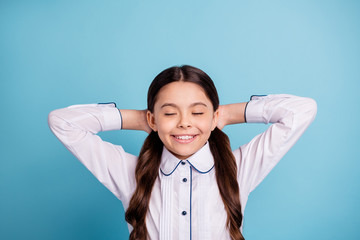 Sticker - Closeup photo of pretty school lady hands behind head glad end school overjoyed eyes closed wear white shirt isolated blue background