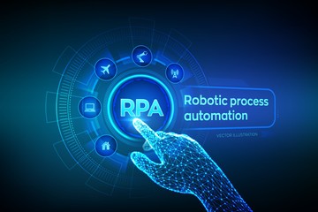 Wall Mural - RPA Robotic process automation innovation technology concept on virtual screen. Wireframed robotic hand touching digital graph interface. AI. Artificial intelligence. Vector illustration.