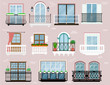 Balcony vector vintage balconied railing windows facade wall of building illustration set of beautiful architecture decor window-pane facade isolated on background