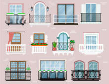Balcony Vector Vintage Balconied Railing Windows Facade Wall Of Building Illustration Set Of Beautiful Architecture Decor Window-pane Facade Isolated On Background
