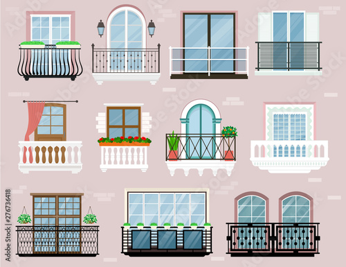 Fotomural Balcony vector vintage balconied railing windows facade wall of building illustr