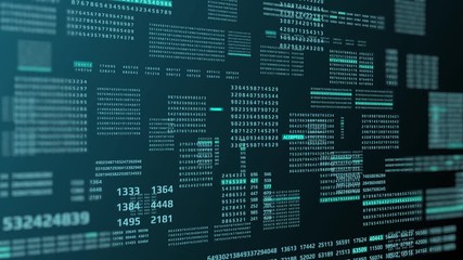 Leinwandbilder - HUD Futuristic Technology Digital Big Data Number Code Screen Information Display. Digit Binary Decimal Statistics Random Selection Fly Trough Animation 4K Footage Background.