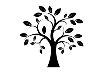 Decor Tree black silhouette clip art. Abstract tree icon isolated on white background. Tree silhouette symbol. Deciduous Tree drawing. Simple ornamental Tree graphic design element