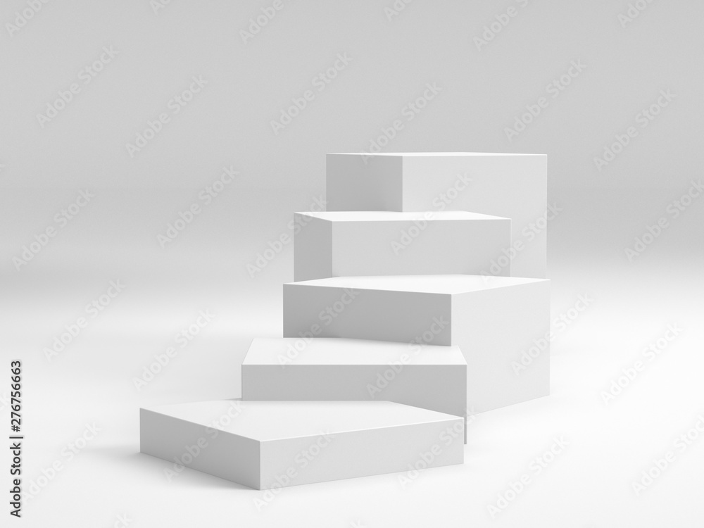 White Box Cubes. 3D Blank Stairs Display Or Stand. Empty Bakdrop With Boxes. - obrazy, fototapety, plakaty 