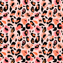 Leopard Or Cheetah Skin Seamless Pattern With Pink, Black, Beige And Orange Spots Of Watercolor Paint. Hand Painted Repeat Background. Exotic Animal Print.