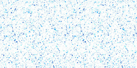 Paint splash, spray, uneven dots, water blobs, snow, snowflakes, tiny spots, blots seamless vector pattern. Chaotic splatter, spatter, flecks, specks hand drawn background. Blue colors winter texture.