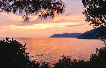 panorama of the Ligurian coast at sunset near Manarola