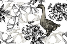 Goose With Roses And Phloxes, Seamless Pattern. Hand Drawing, Vector Illustration.