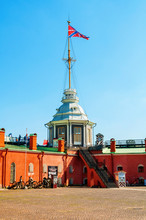 St Petersburg, Russia. Flag Tower With Russian Navy Flag And Naryshkin Bastion In Peter And Paul Fortress
