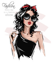 Hand Drawn Beautiful Young Woman In Sunglasses. Stylish Girl With Bow On Her Head. Fashion Woman Look. Sketch. Vector Illustration.