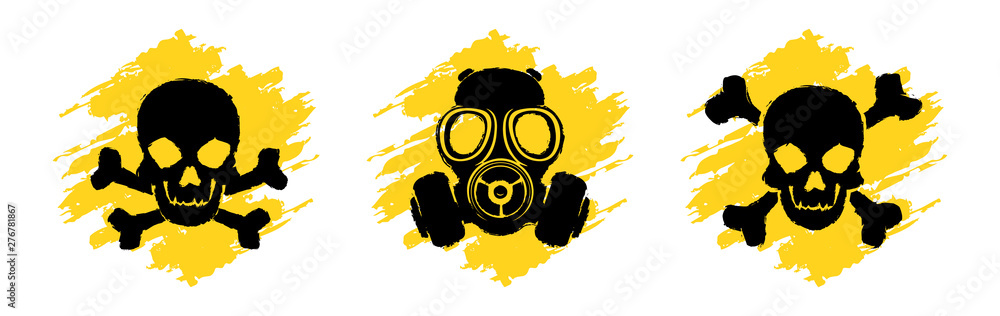 Toxic Hazard Grunge Signs. Poison vector symbols. Skull and crossbones signs. Gas mask warning sign - obrazy, fototapety, plakaty 