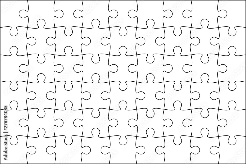 Set of black and white puzzle pieces. Jigsaw grid puzzle 48 pieces. Line mockup - stock vector. - obrazy, fototapety, plakaty 