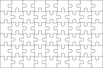 set of black and white puzzle pieces. jigsaw grid puzzle 48 pieces. line mockup - stock vector.