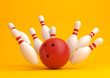 Red Bowling Ball and scattered white skittles isolated on yellow background. Realistic game set. 3D rendering illustration