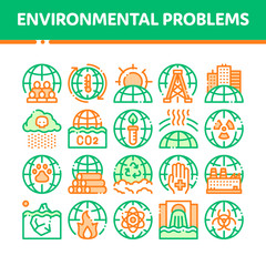 Poster - Environmental Problems Vector Thin Line Icons Set. Environmental Problem, Industrial Pollution, Contamination Linear Pictograms. Greenhouse Effect, Global Warming, Climate Change Contour Illustrations