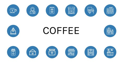 Wall Mural - Set of coffee icons such as Coffee cup, Lunchroom, Nuts, Fireplace, Office, Hotel, French fries, Dog food, Bar, Cafe, Cupping , coffee