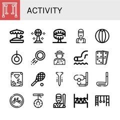 Poster - set of activity icons such as gym equipment, sandbox, basketball, round up ride, swimmer, beach ball