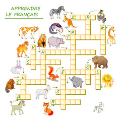Wall Mural - learn french. crossword puzzle game with animals. educational page for children to study french lang