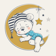 Vector Illustration Of A Cute Baby Bear, Sleeping On The Moon. 