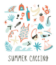 Cute Summer Poster With Text - Summer Calling. Set Of Summer Things On The Beach. Vector Tropical Vacation Collection.