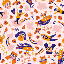 Dreamers In The Pink Clouds. Vector Hand-drawn Seamless Pattern. Hippie Design For Fabric Or Wrap Paper.